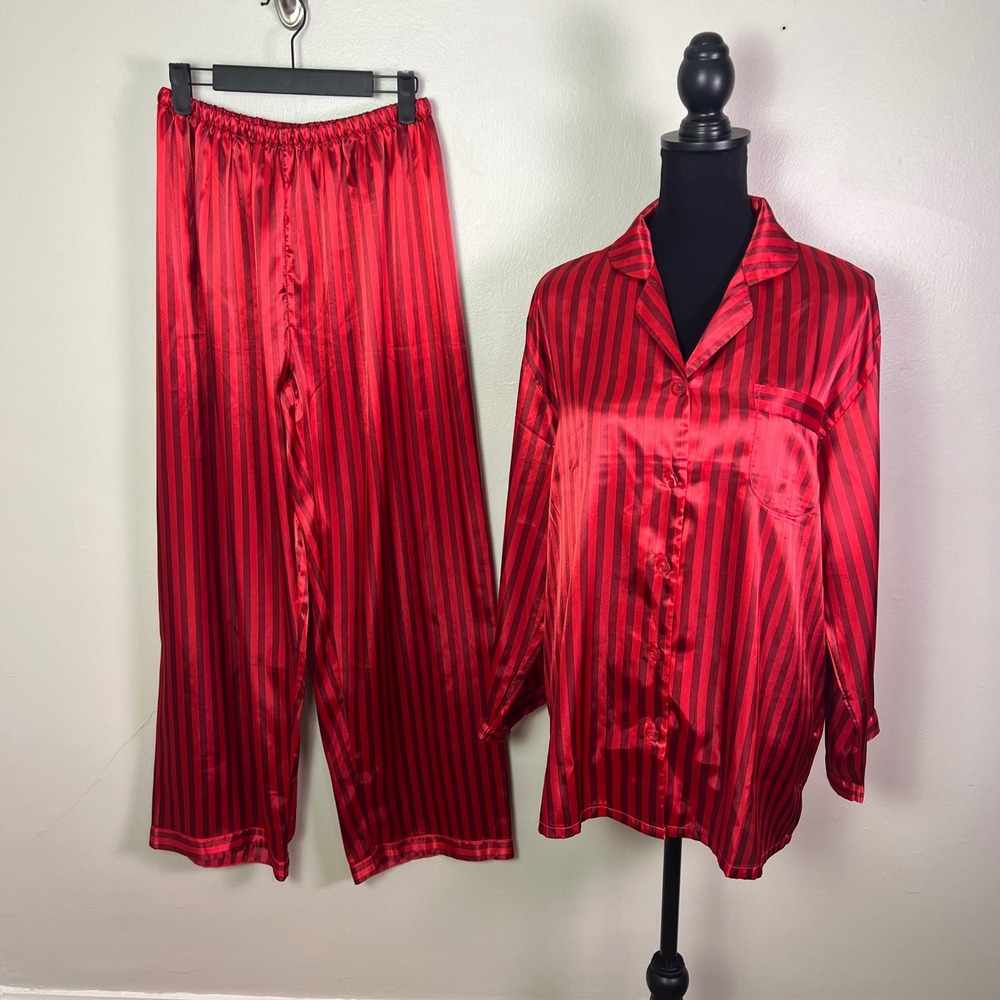 Alexander Del Rossa Pajama Set XL Red Striped Satin Button Down Sleepwear Luxury